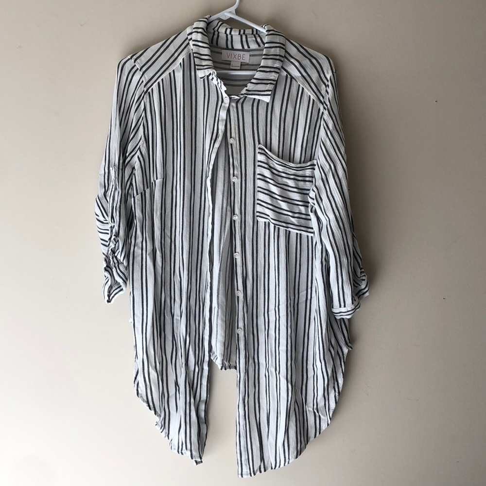 Black and white striped loose button down